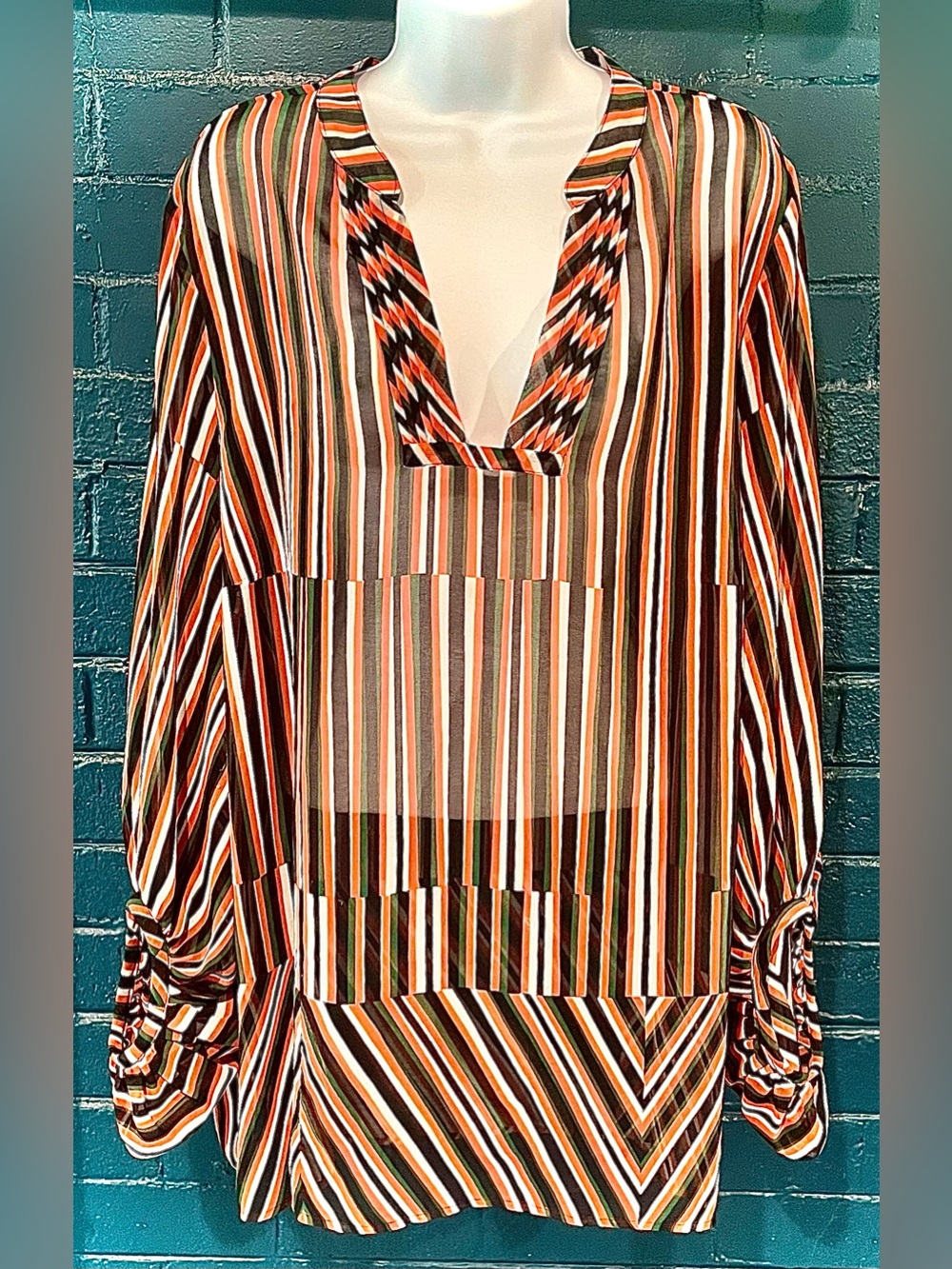 Woven Striped V-Neck Long-Sleeve Blouse in Green, White & Orange